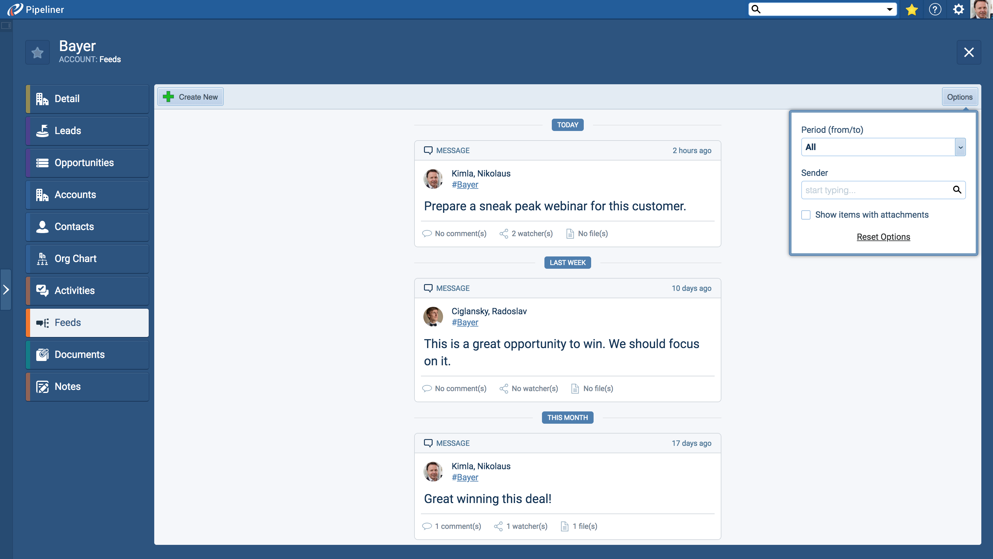 account-view-message-feed Pipeliner CRM Account view message feed feature