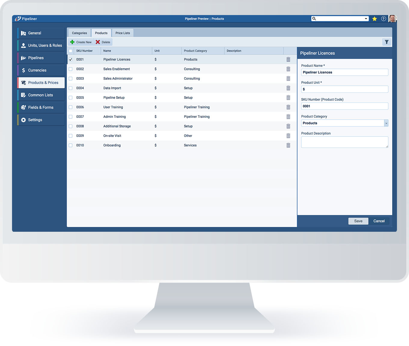Pipeliner CRM Product catalog feature and administration view
