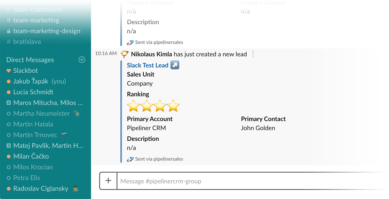 Slack can integrate with Pipeliner CRM