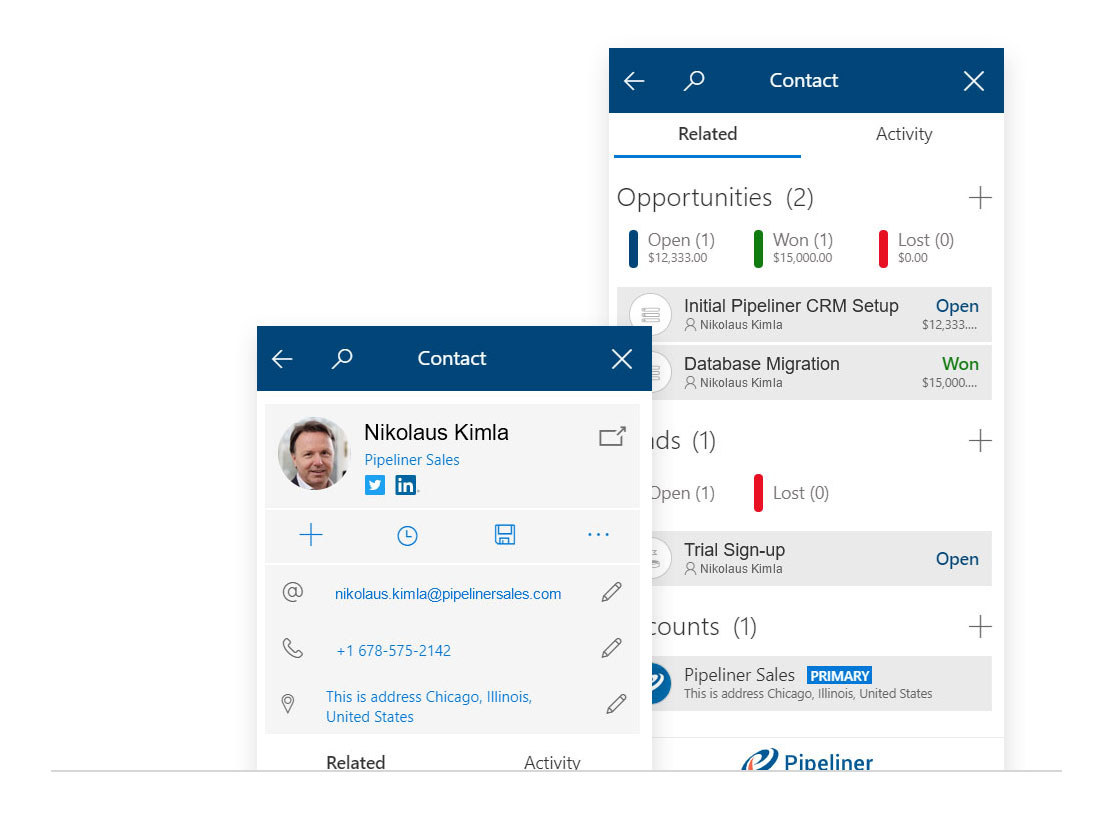 Pipeliner CRM contact information and other data in the MS Outlook Add-in.
