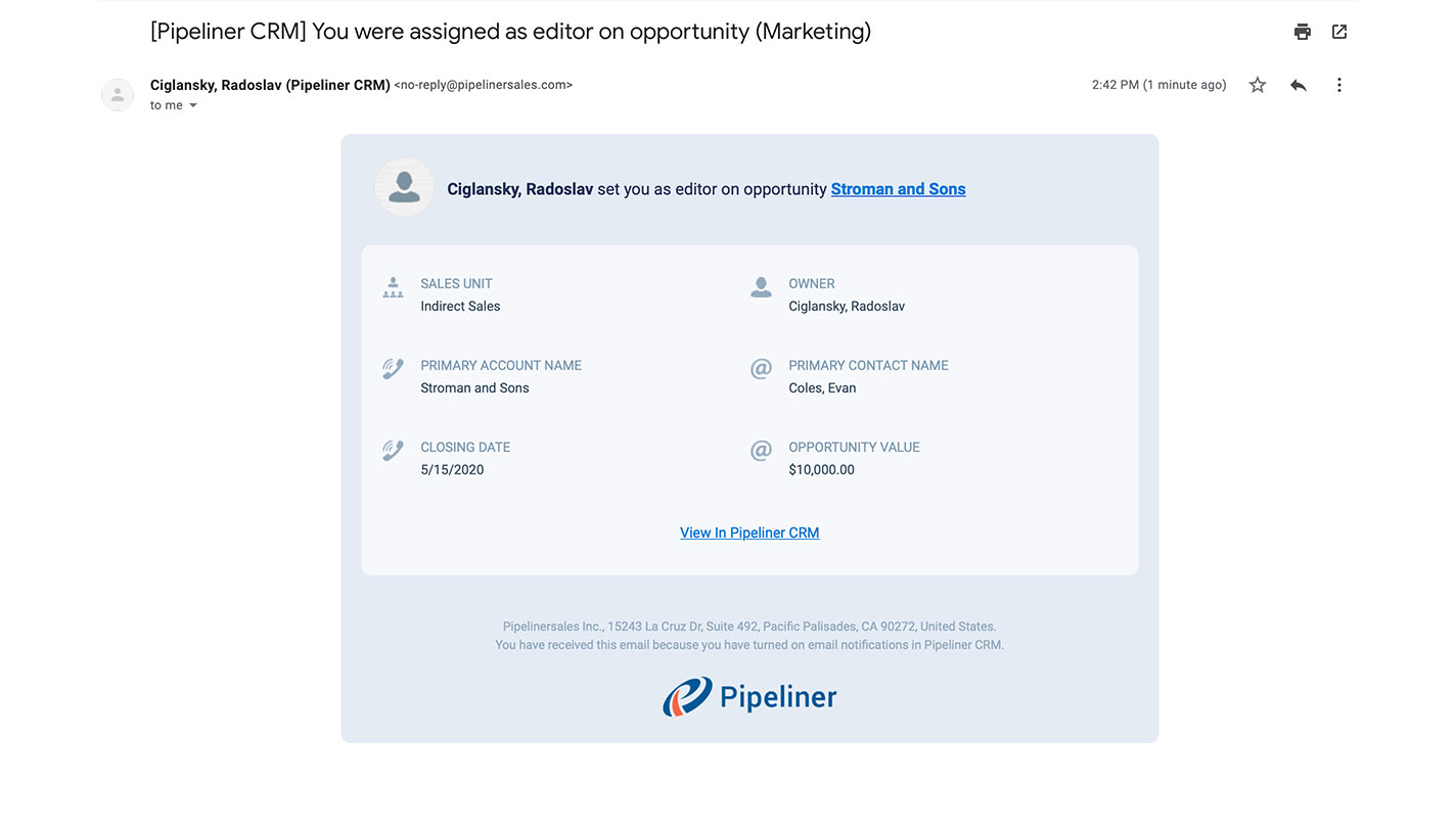Pipeliner CRM Cloud 2.2.0 Email Notification