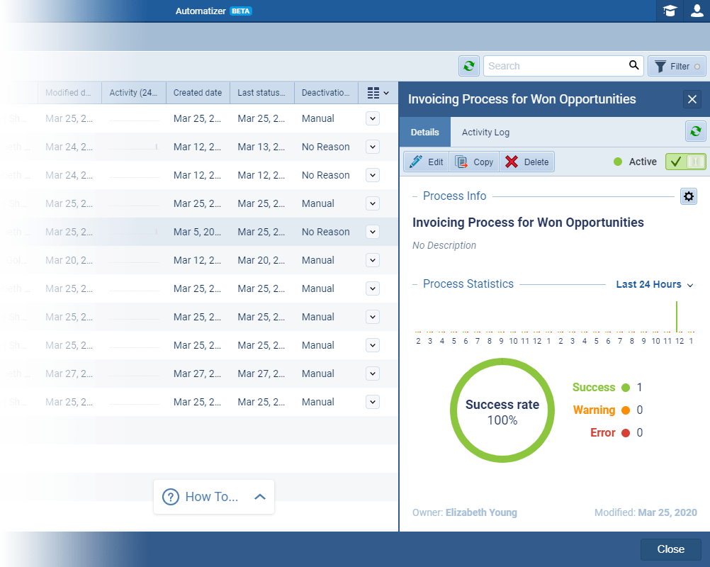 Key Columns in the Sales Process List - detail panel