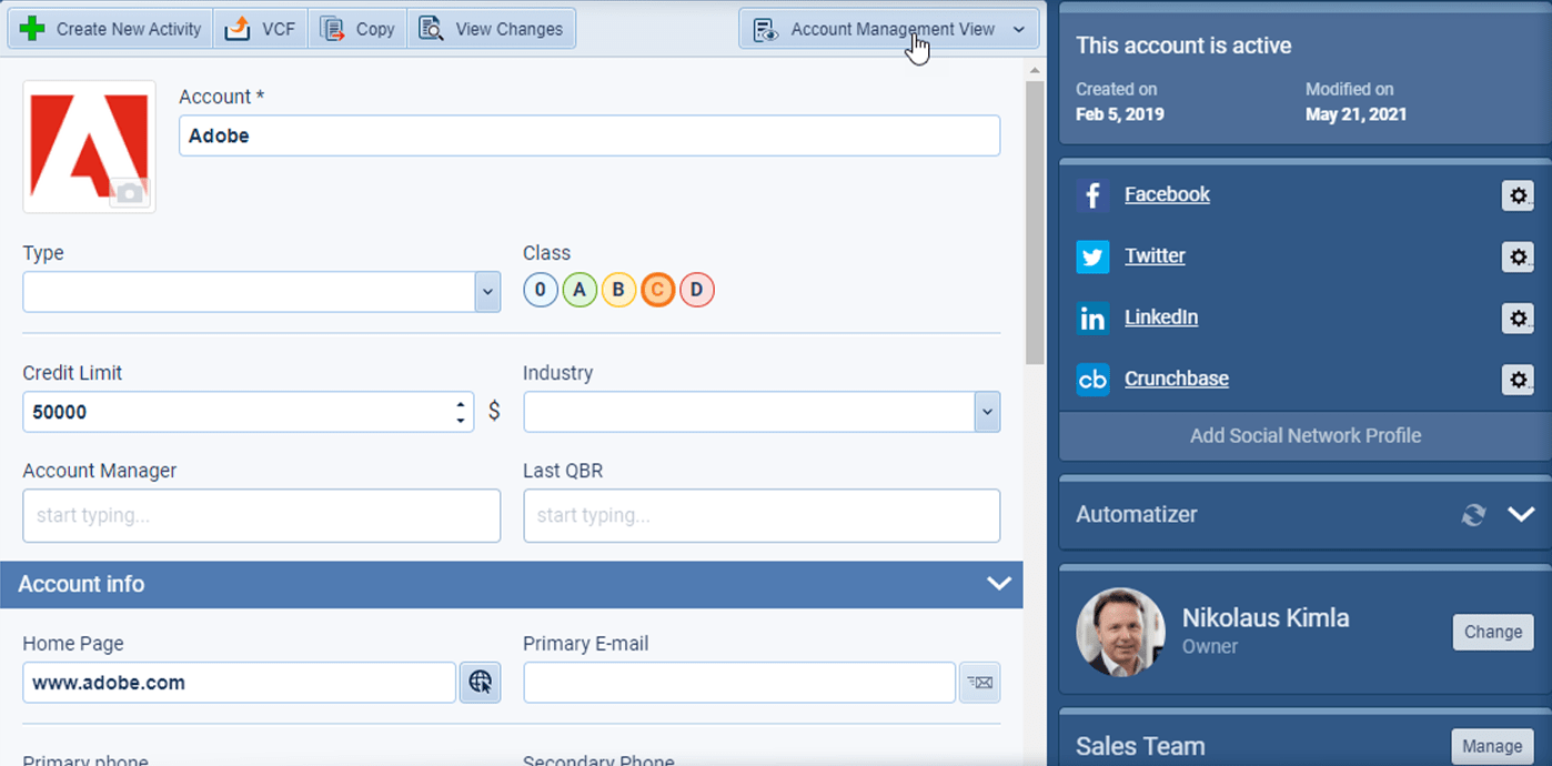 Frontend User Interface - CRM Account View