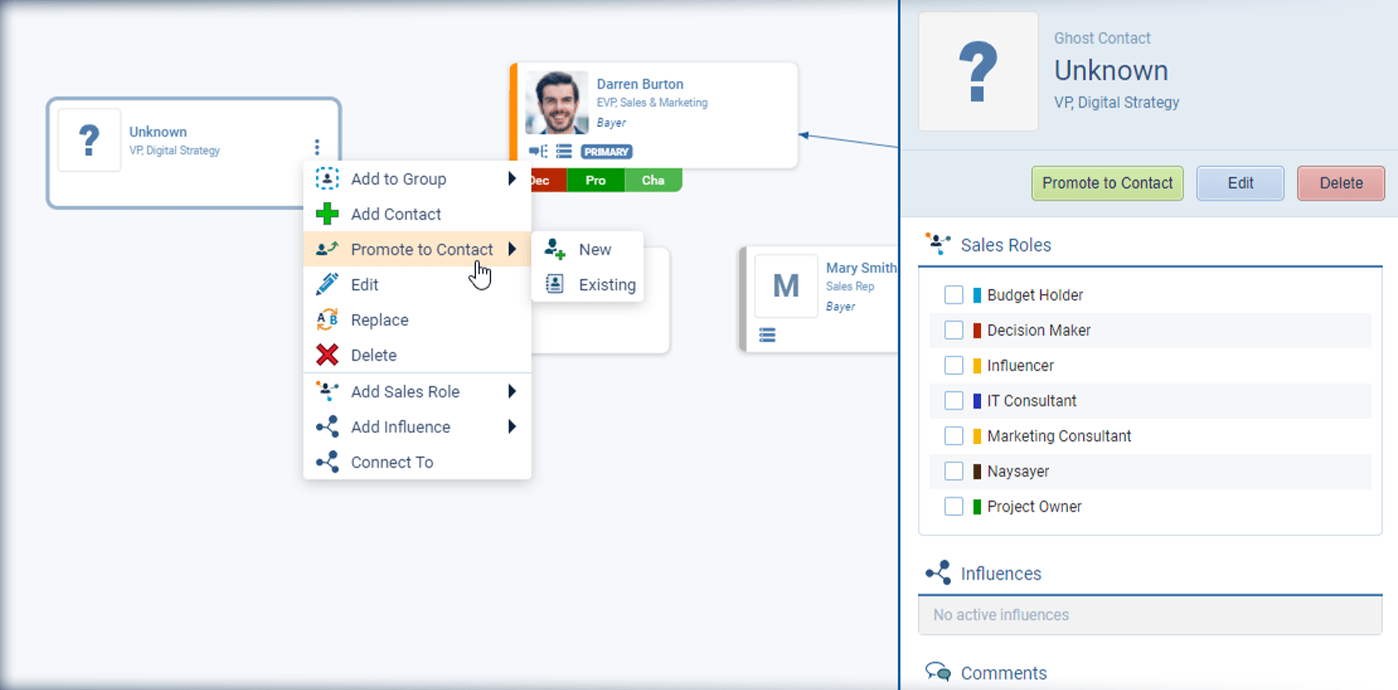 Buying Center is similar to the Relationship Graph, except that it’s used for individual opportunities.