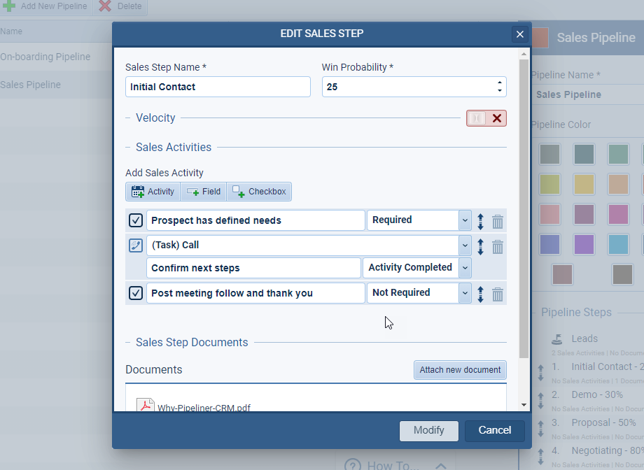 Particular sales process step within a pipeline.