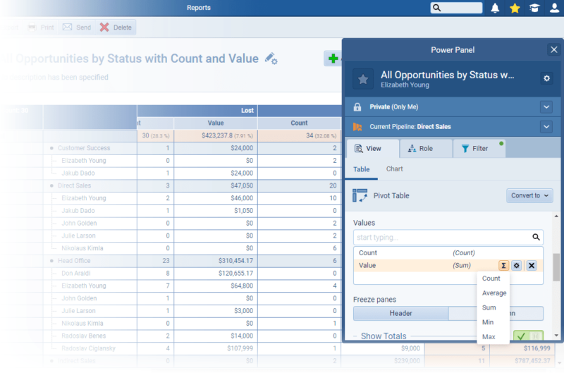 The aggregation function of every added "Value" can be changed directly from the interface