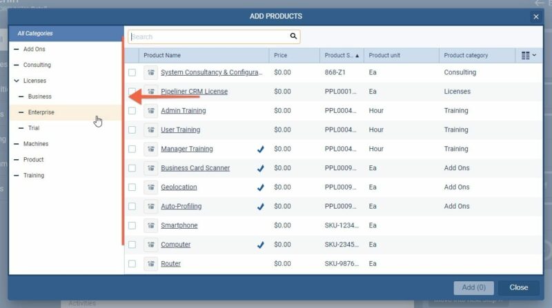 the left hand panel will allow you to select from a single Category or Type.