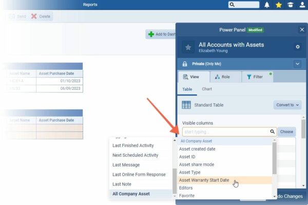 Account report and include columns for all information related to that Account’s Assets. ⤵