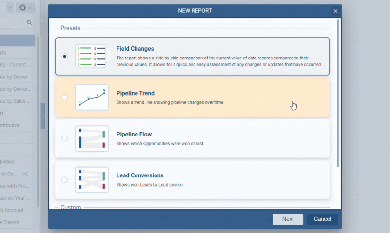 All reports will either compare what the values were/are in particular fields on set comparison dates, or display a historical trend. 