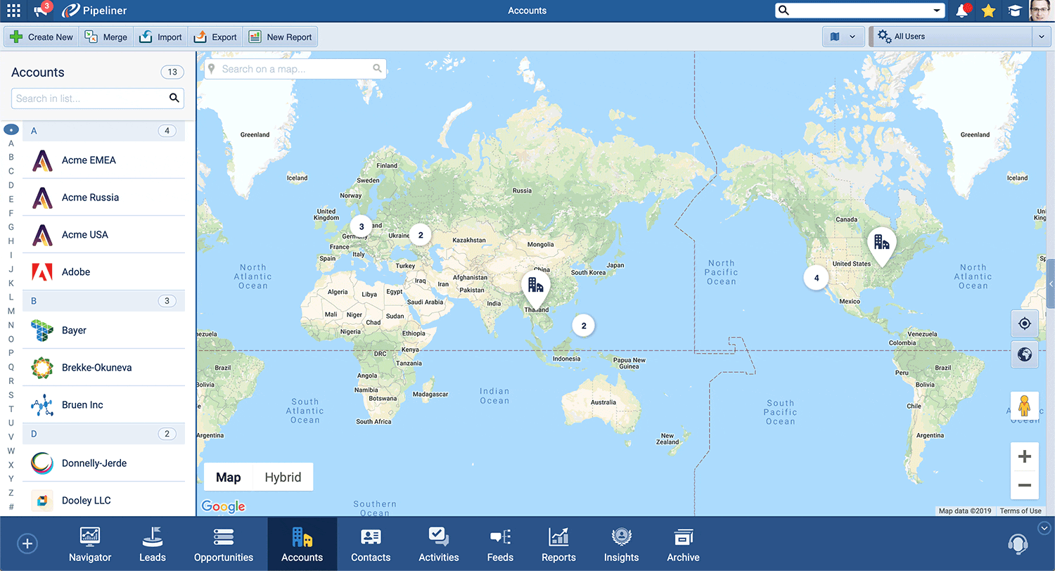 CRM map view accounts contacts lead opportunities
