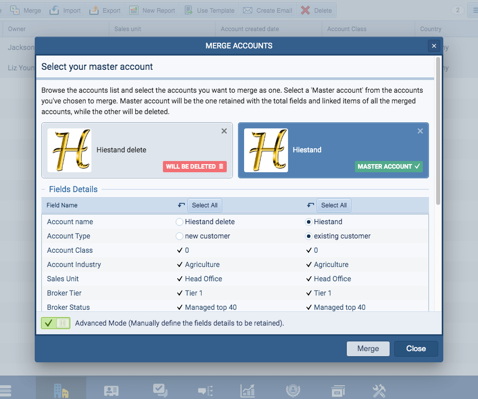 Merging accounts and contacts in Pipeliner CRM