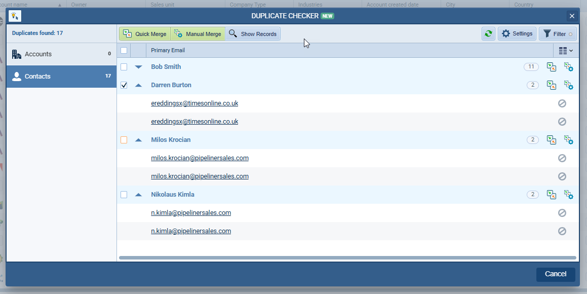 Duplicate checker in Pipeliner CRM