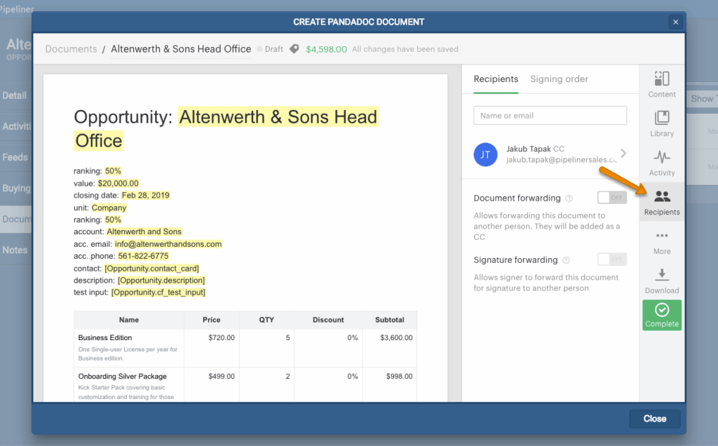 Enable the use of PandaDoc integration in Pipeliner CRM