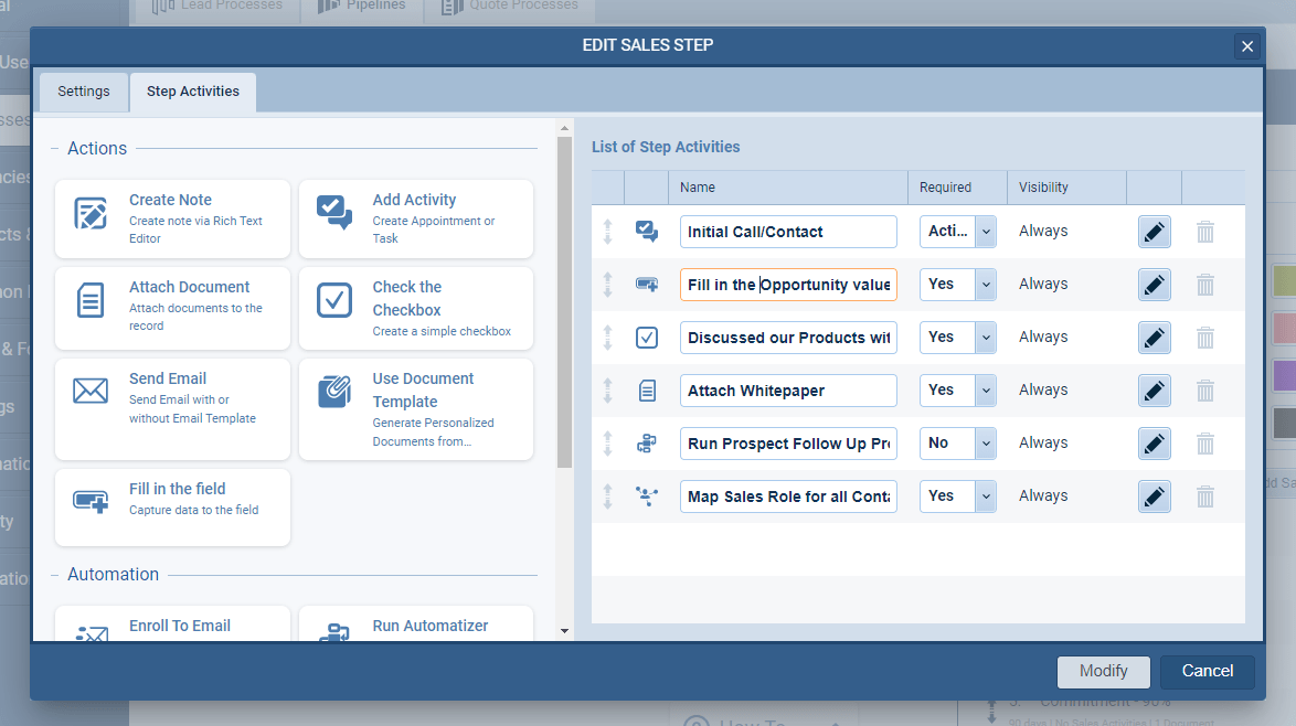 Using sales activities checklist for opportunities